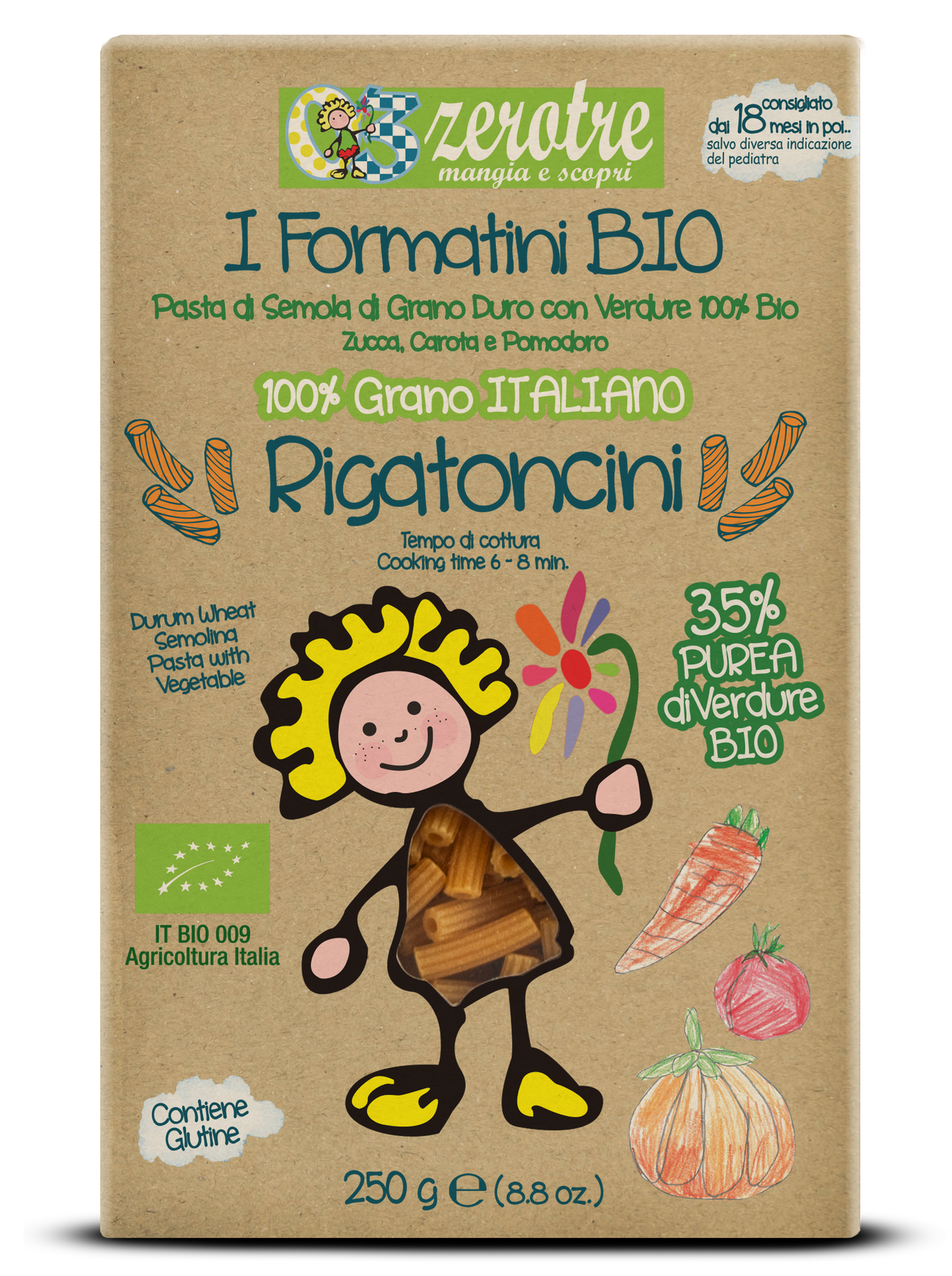 Rigatoncini Bio con purea fresca di carote, zucca e pomodoro