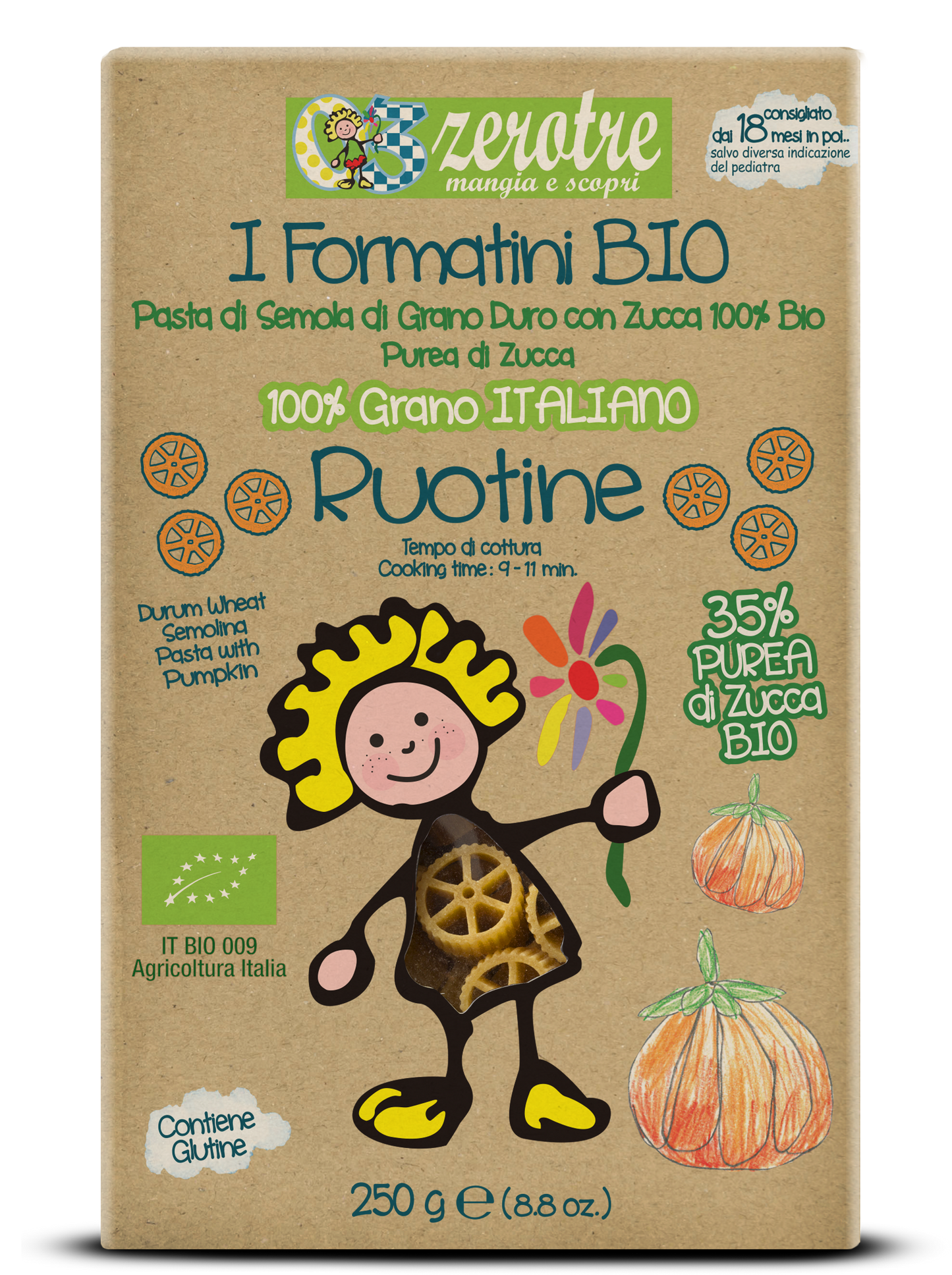 Pasta italiana per bambini, per svezzamento bambini e alimentazione infantile sana ed equilibrata . Vitamine, minerali, fibre da purea di  verdure.
Italian pasta for babies, perfect for weaning and healthy, balanced infant nutrition. Provides vitamins, minerals, and fiber from vegetable puree.