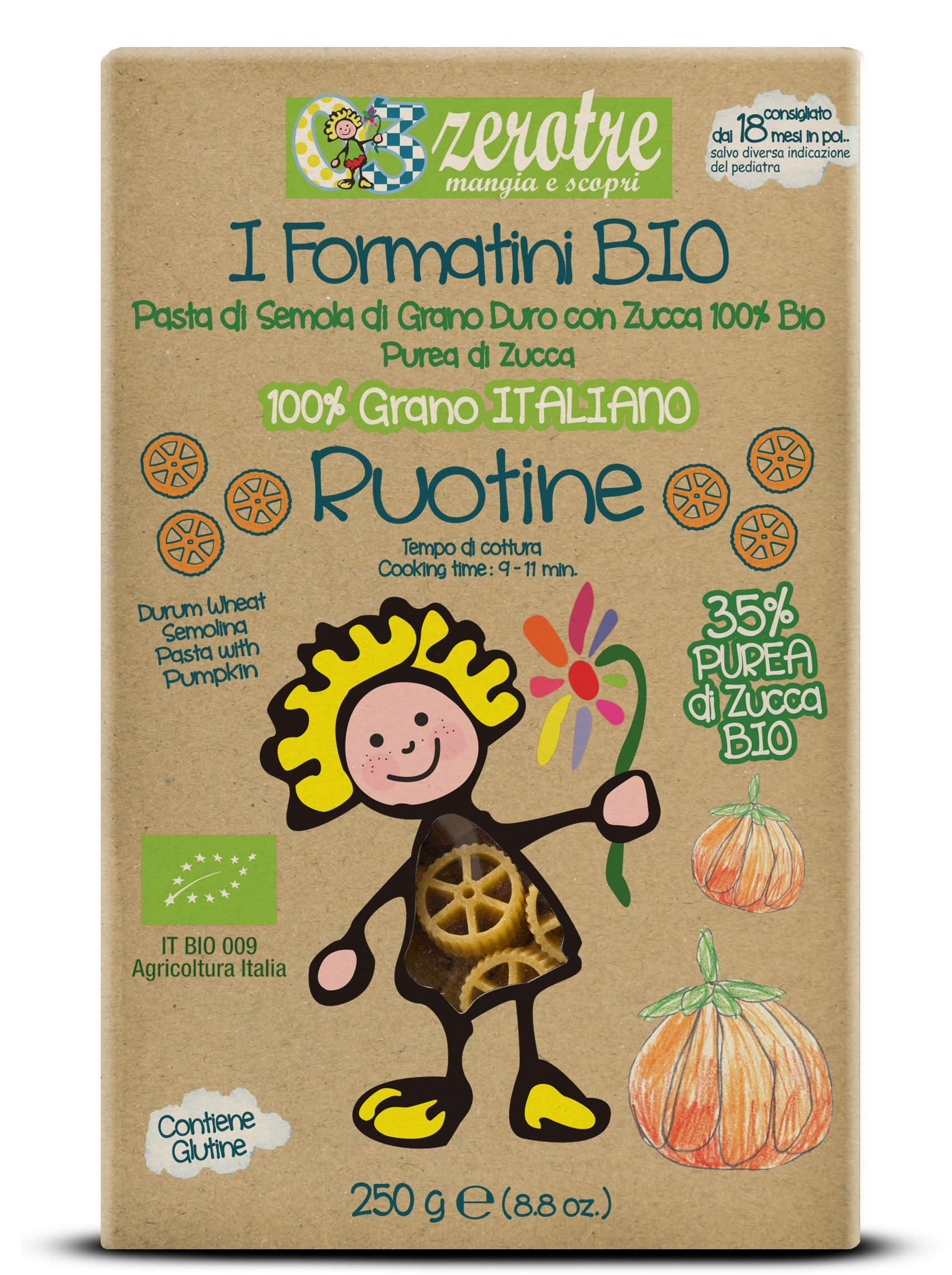 Pasta italiana per bambini, per svezzamento bambini e alimentazione infantile sana ed equilibrata . Vitamine, minerali, fibre da purea di  verdure.
Italian pasta for babies, perfect for weaning and healthy, balanced infant nutrition. Provides vitamins, minerals, and fiber from vegetable puree.