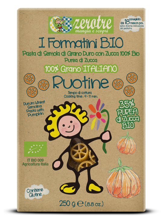 Pasta italiana per bambini, per svezzamento bambini e alimentazione infantile sana ed equilibrata . Vitamine, minerali, fibre da purea di  verdure.
Italian pasta for babies, perfect for weaning and healthy, balanced infant nutrition. Provides vitamins, minerals, and fiber from vegetable puree.