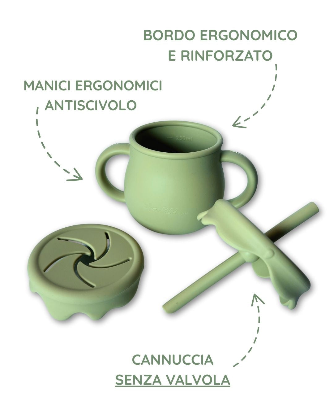 Tazza evolutiva in silicone alimentare verde con cannuccia e doppie maniglie per l'autosvezzamento Bèbeboom.