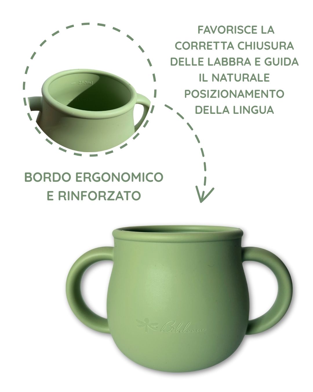 Tazza evolutiva in silicone alimentare verde con cannuccia e doppie maniglie per l'autosvezzamento Bèbeboom.