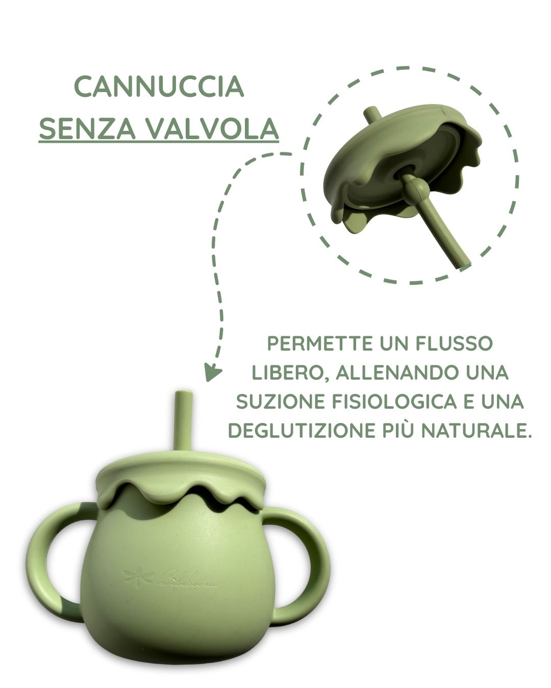 Tazza evolutiva in silicone alimentare verde con cannuccia e doppie maniglie per l'autosvezzamento Bèbeboom.